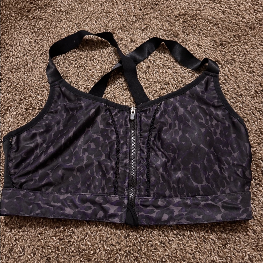 Fabletics Black and Purple Sports Bra with Front Zipper and Racerback